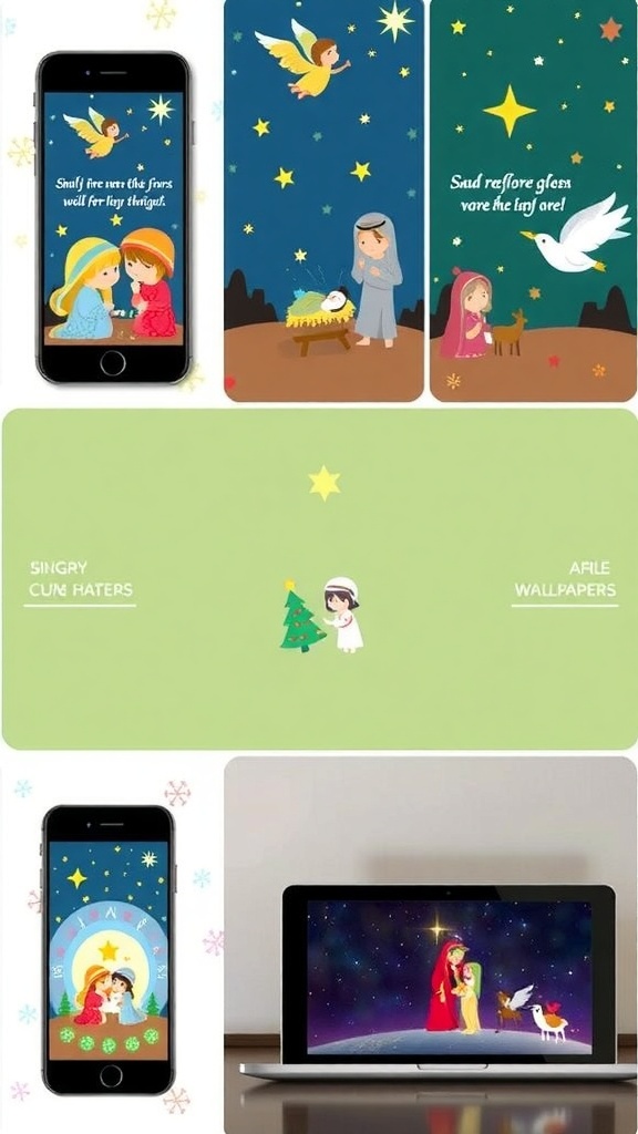 Religious Christmas Wallpaper Designs Cute religious Christmas wallpapers featuring nativity scenes and angels displayed on different devices.